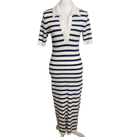 $695 CAROLINE CONSTAS Knit Stretch Midi Dress Striped White/Navy Bodycon L - Picture 3 of 11
